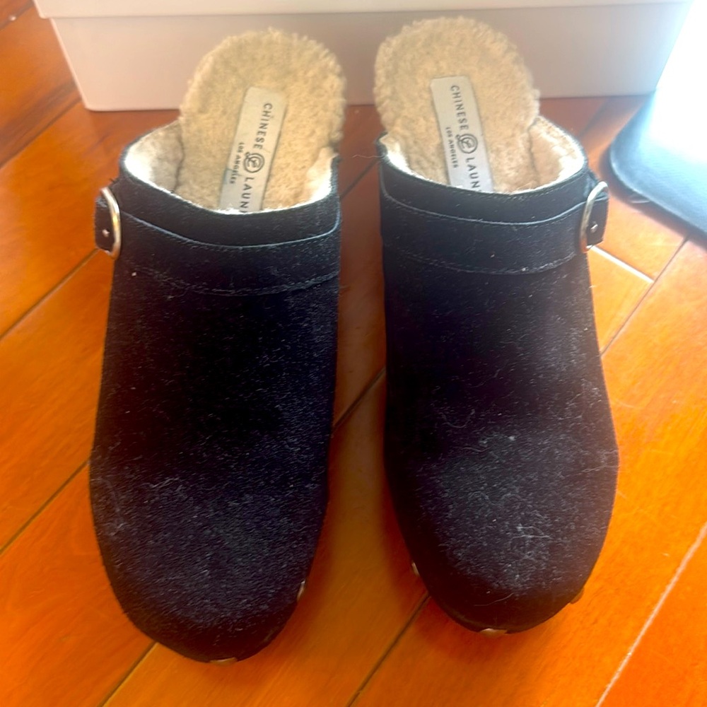 Chinese Laundry Sherpa lined, silver studded clog mules side 9